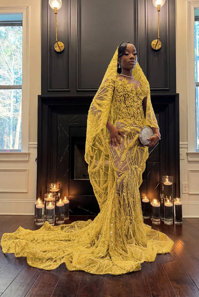 Yellow strapless beaded mermaid prom dress