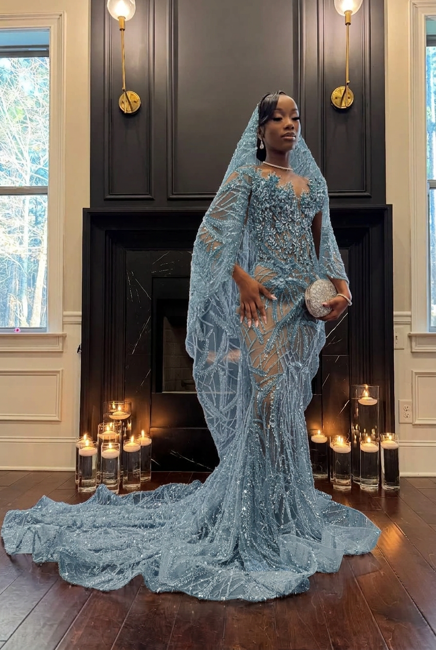 Dusty blue strapless beaded mermaid prom dress