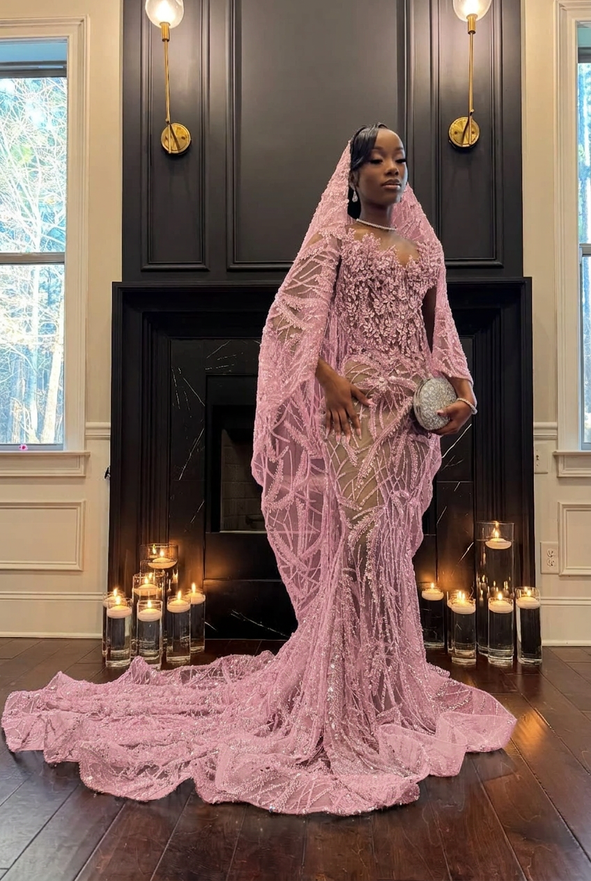 Candy pink strapless beaded mermaid prom dress
