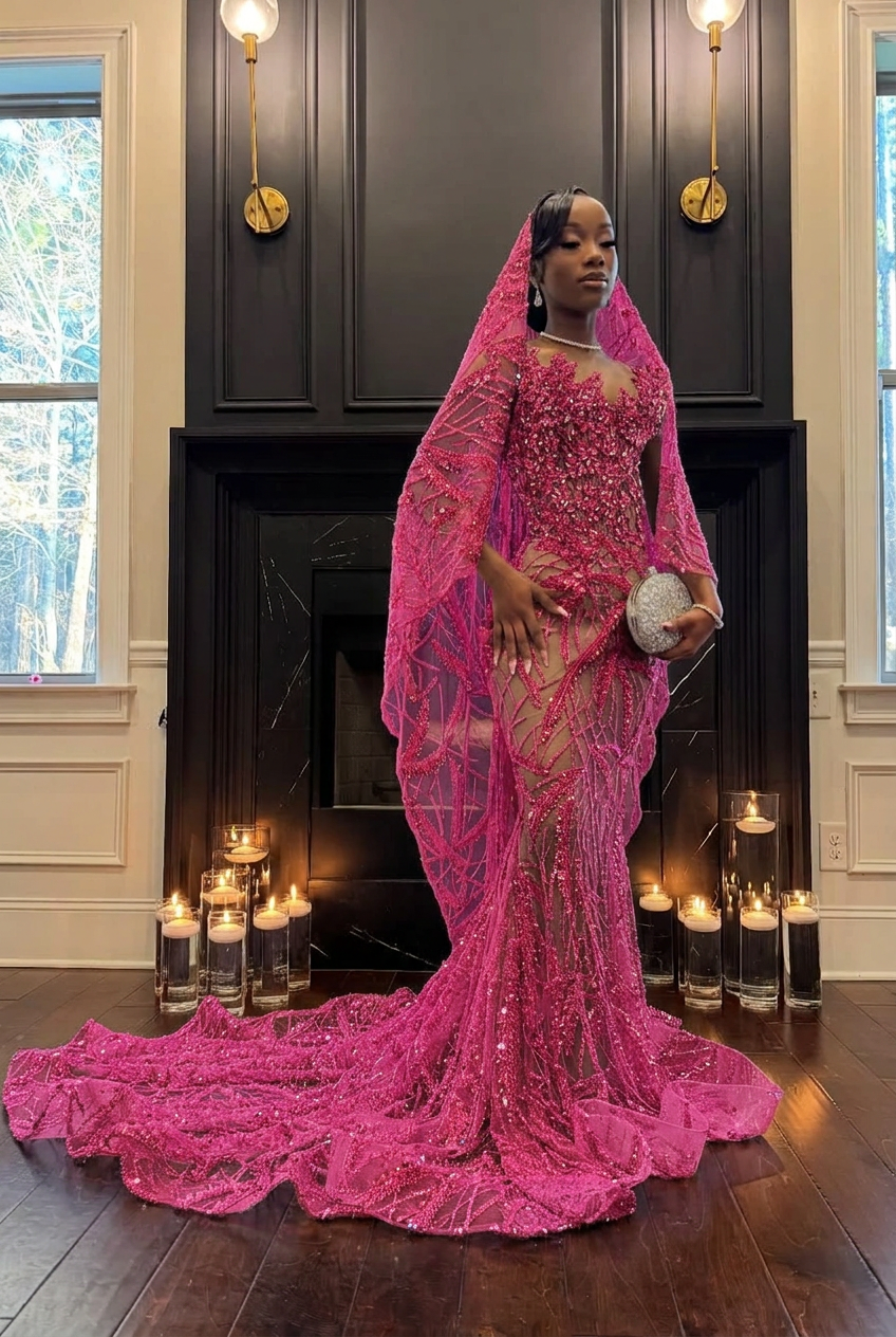 Fuchsia strapless beaded mermaid prom dress
