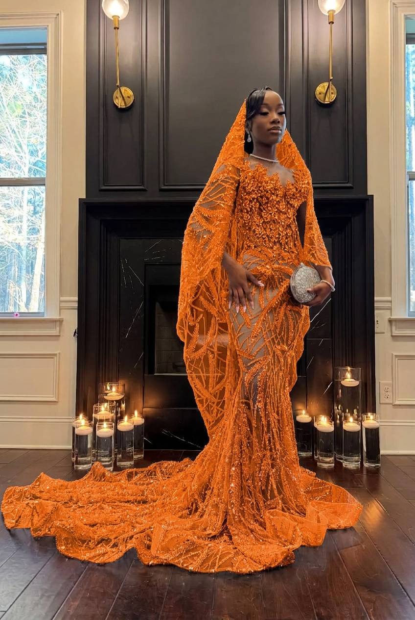 Orange strapless beaded mermaid prom dress