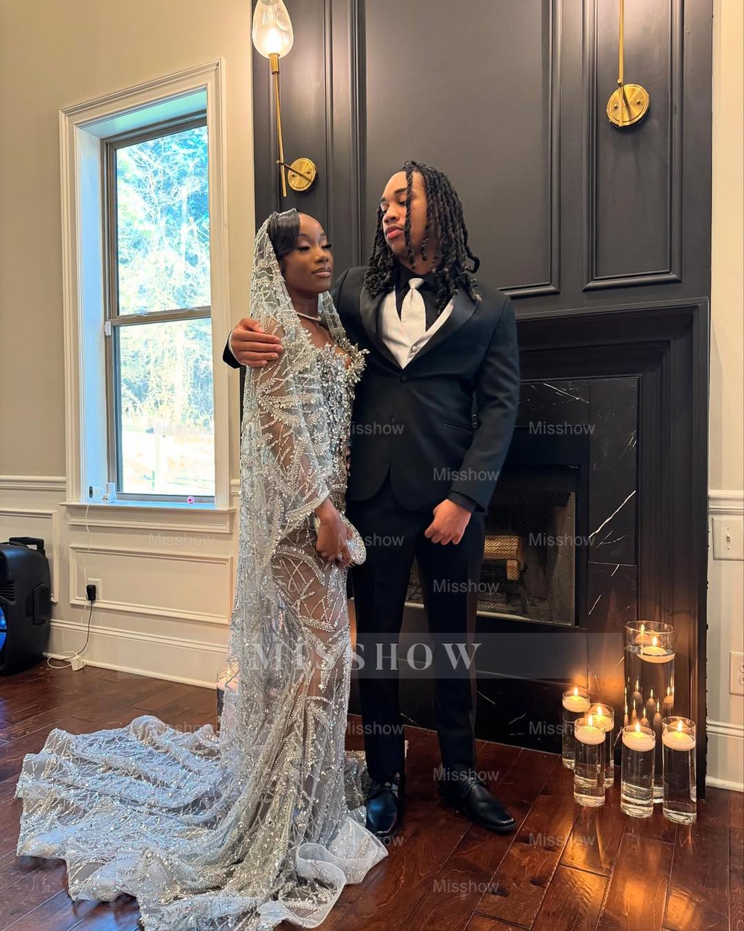 Champagne strapless beaded mermaid prom dress