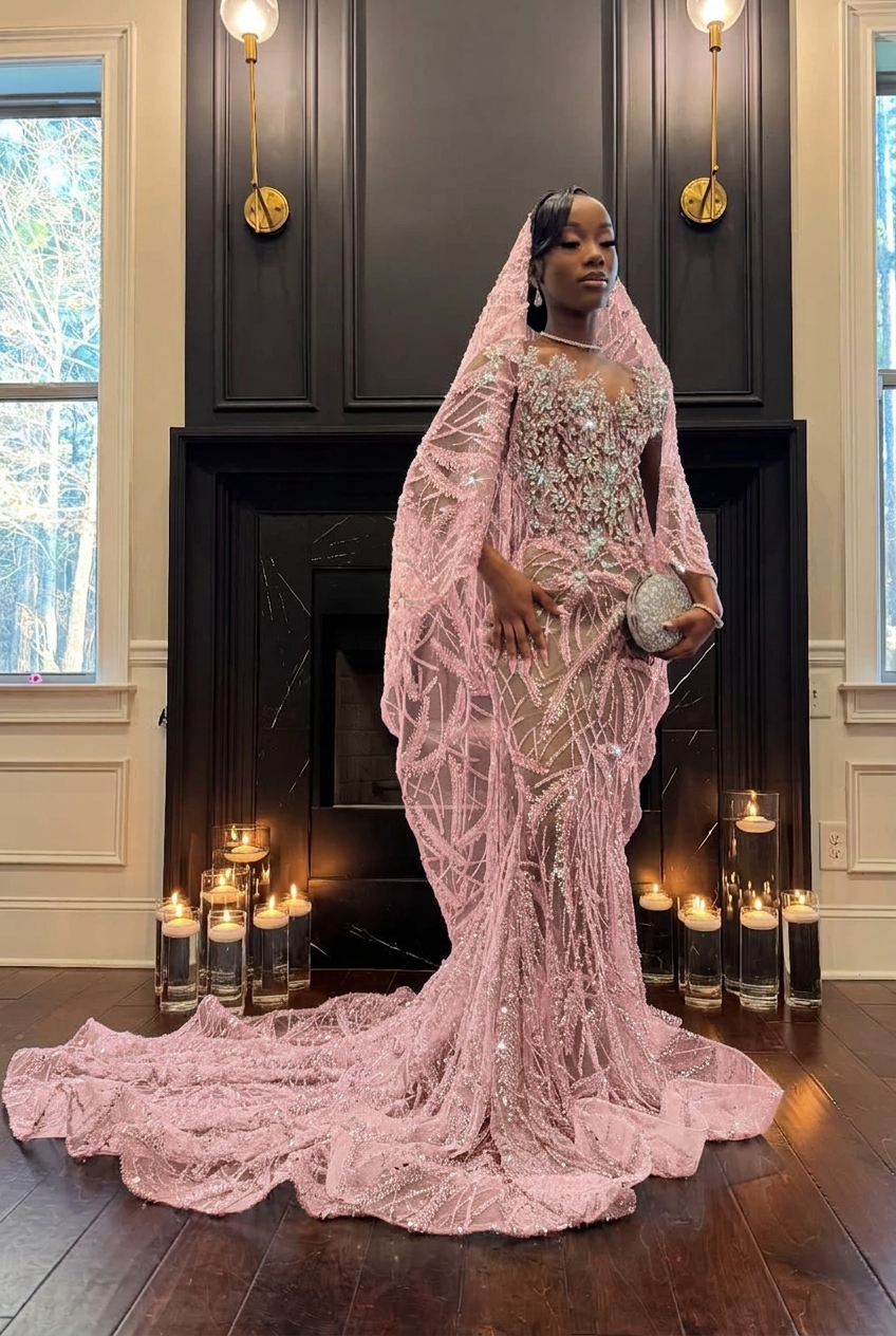 Blushing pink strapless beaded mermaid prom dress