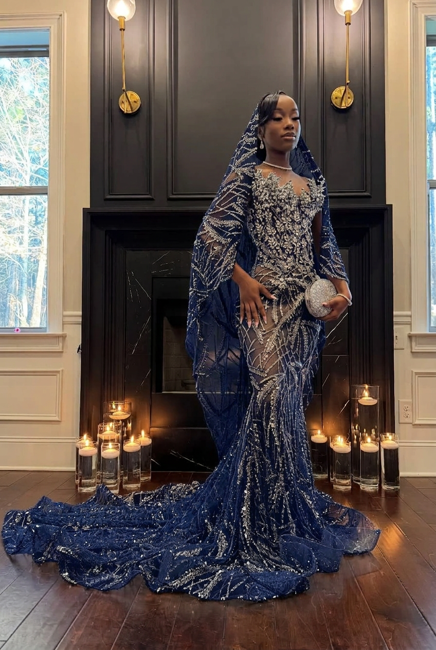 Dark navy strapless beaded mermaid prom dress