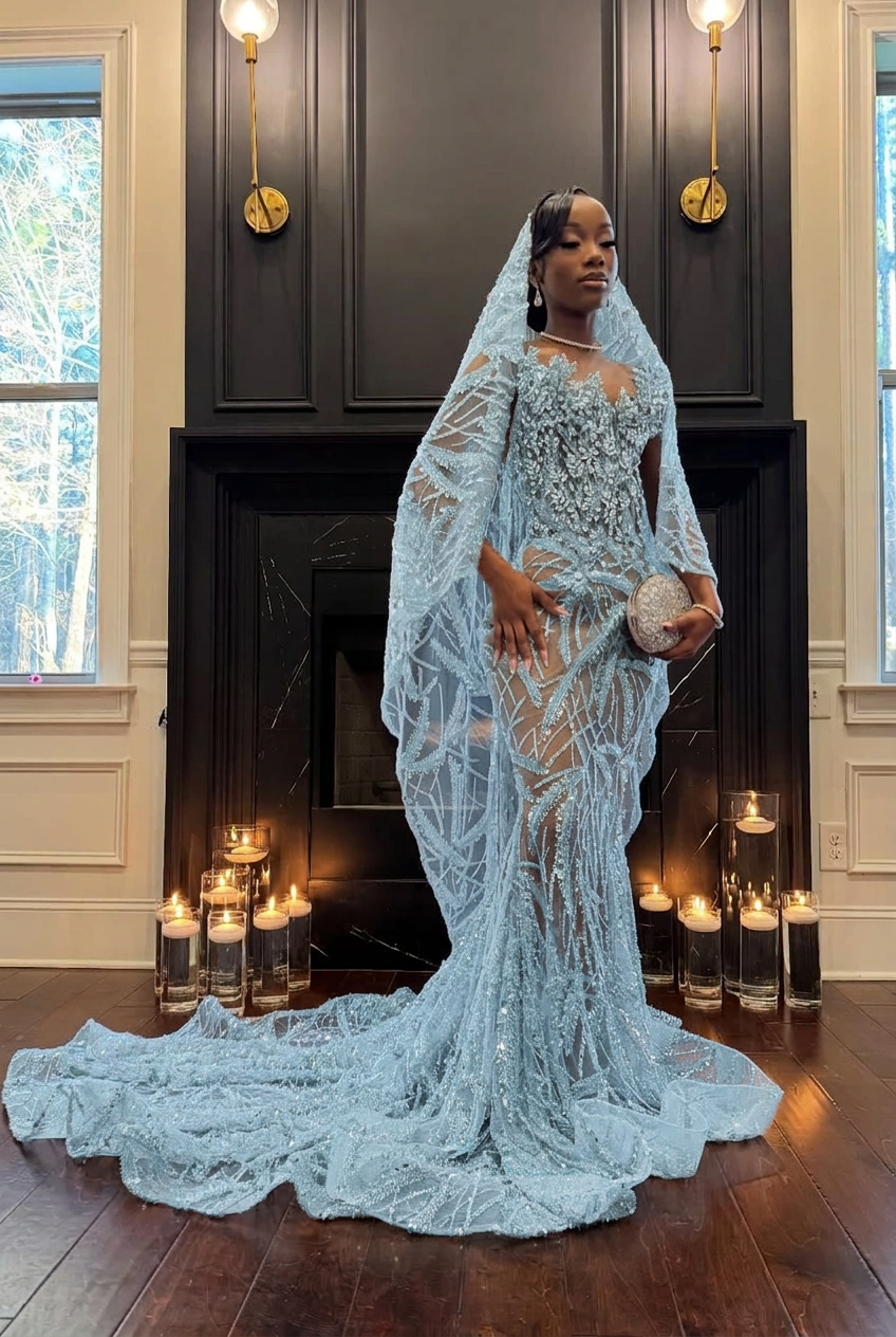 Light blue strapless beaded mermaid prom dress