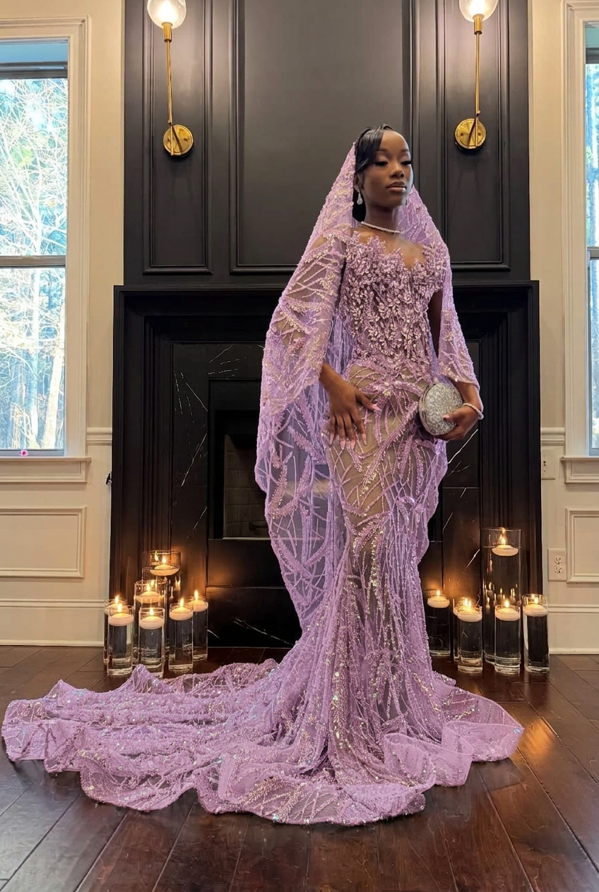 Lilac strapless beaded mermaid prom dress