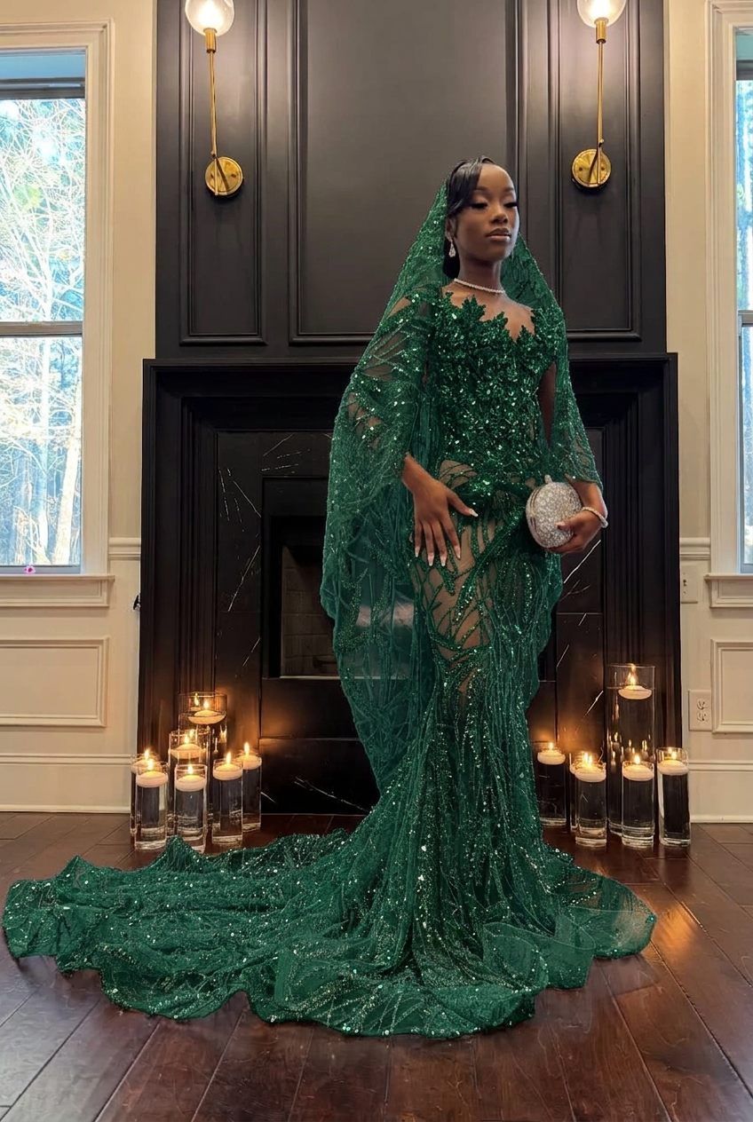 Dark green strapless beaded mermaid prom dress