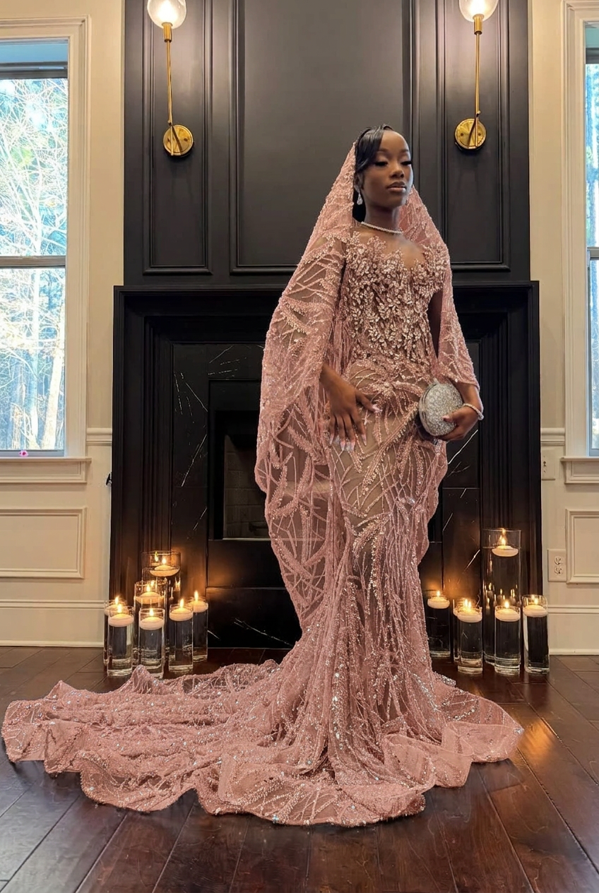 Dusty rose strapless beaded mermaid prom dress