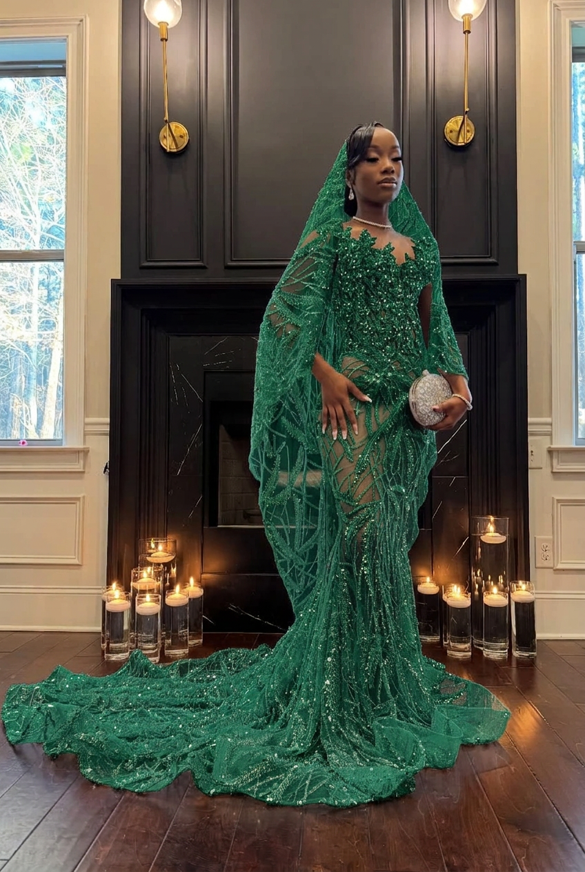 Emerald green strapless beaded mermaid prom dress
