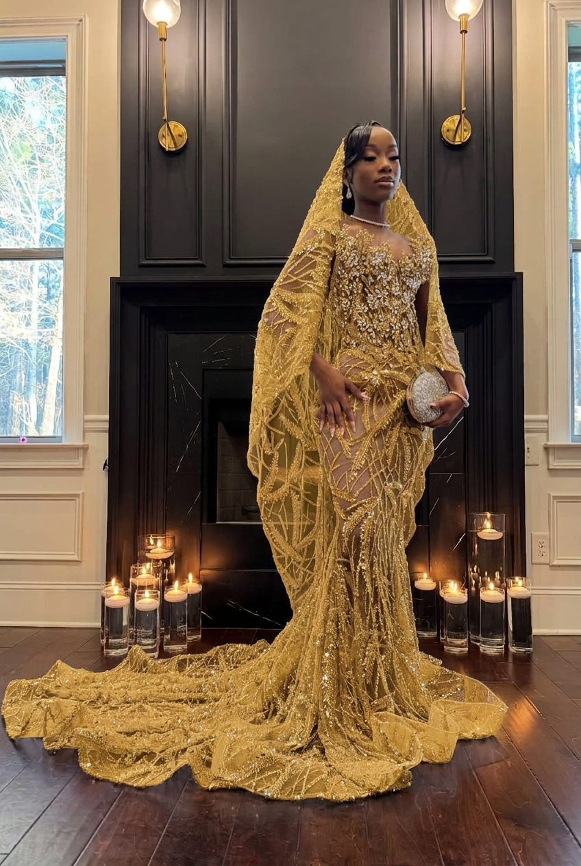 Gold strapless beaded mermaid prom dress