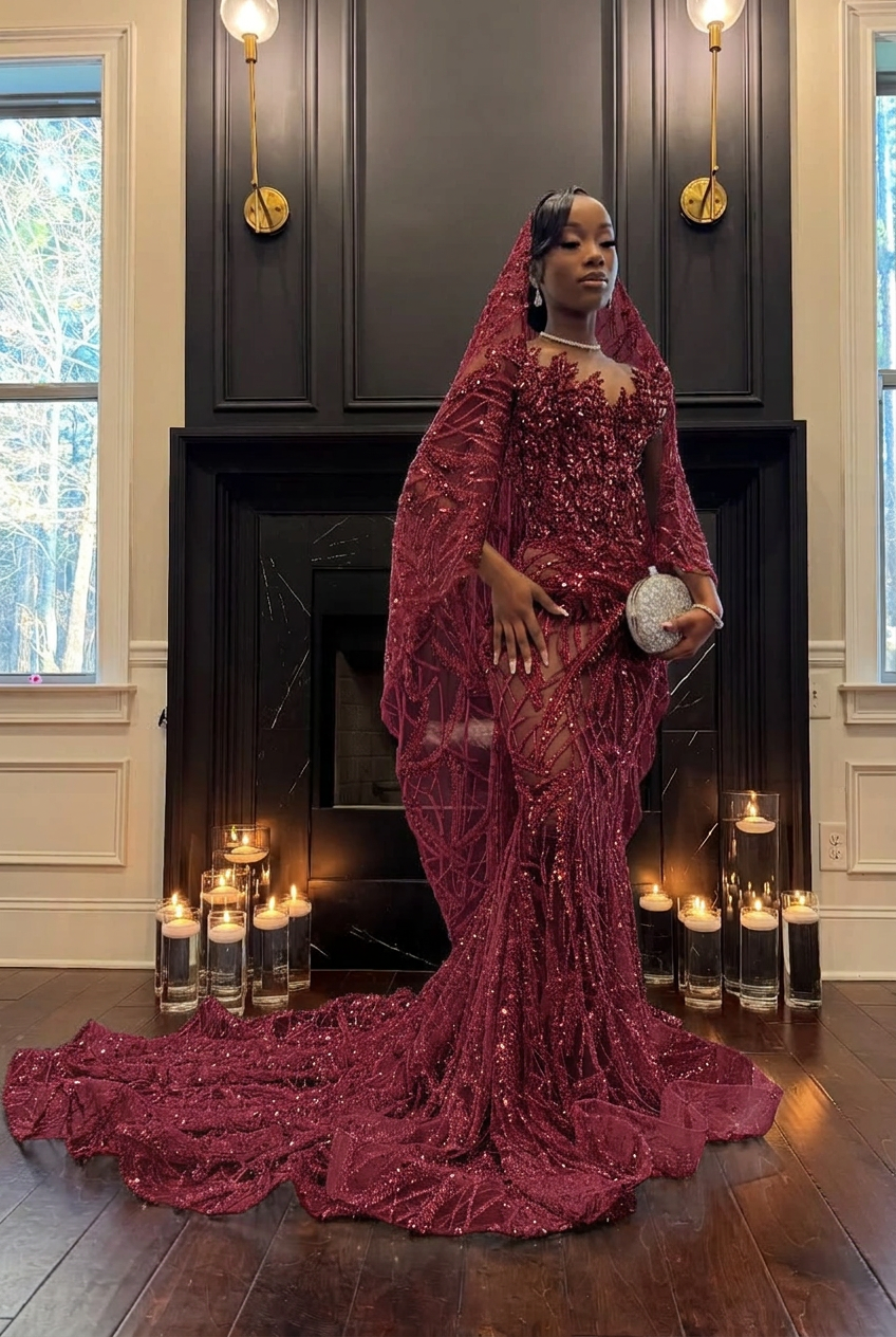 Burgundy strapless beaded mermaid prom dress