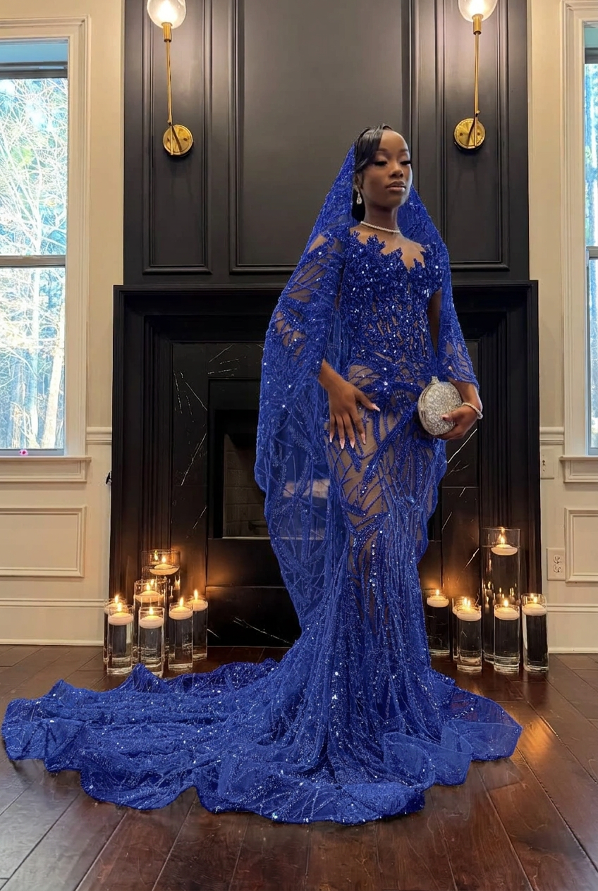 Royal blue strapless beaded mermaid prom dress