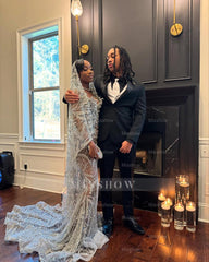 Champagne strapless beaded mermaid prom dress