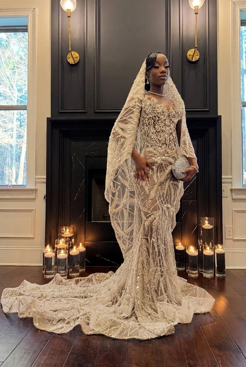 Champagne strapless beaded mermaid prom dress