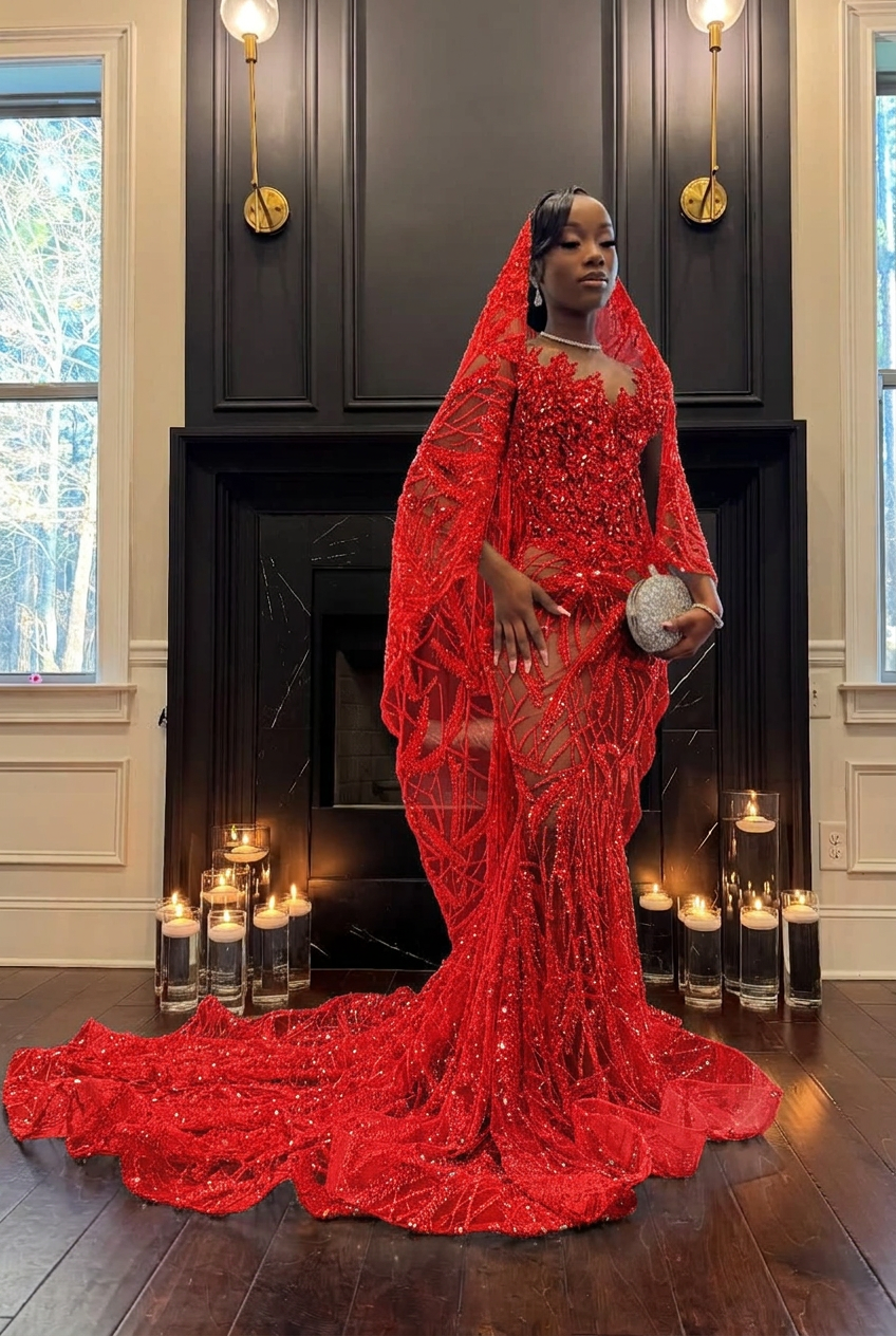 Red strapless beaded mermaid prom dress