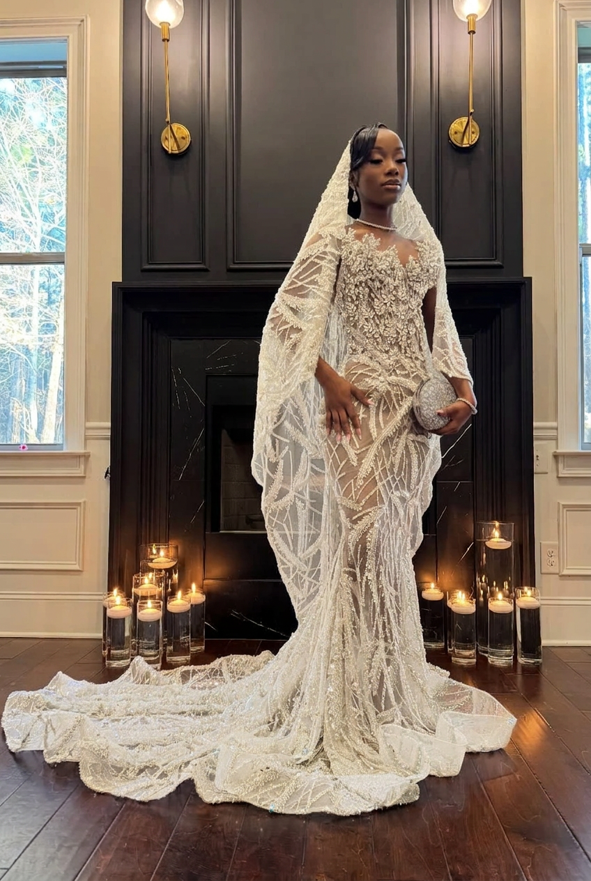 Ivory strapless beaded mermaid prom dress