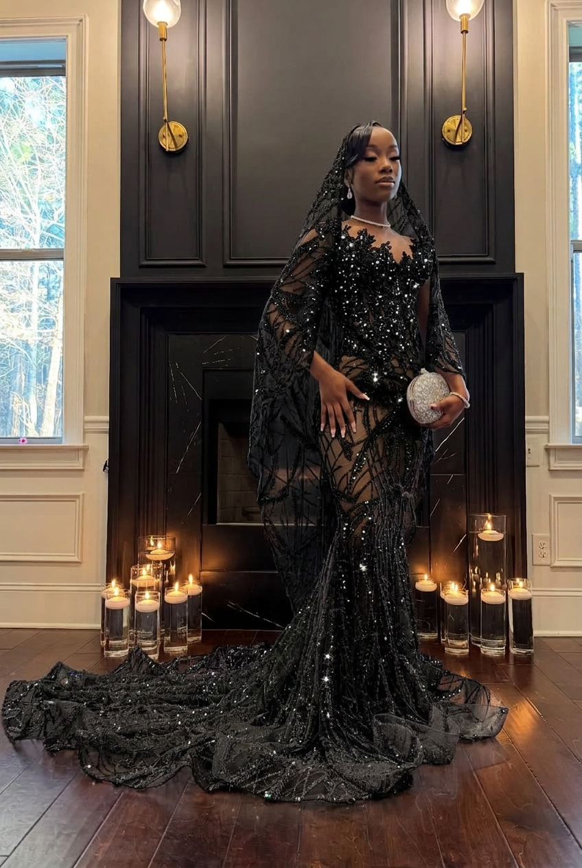 Black strapless beaded mermaid prom dress