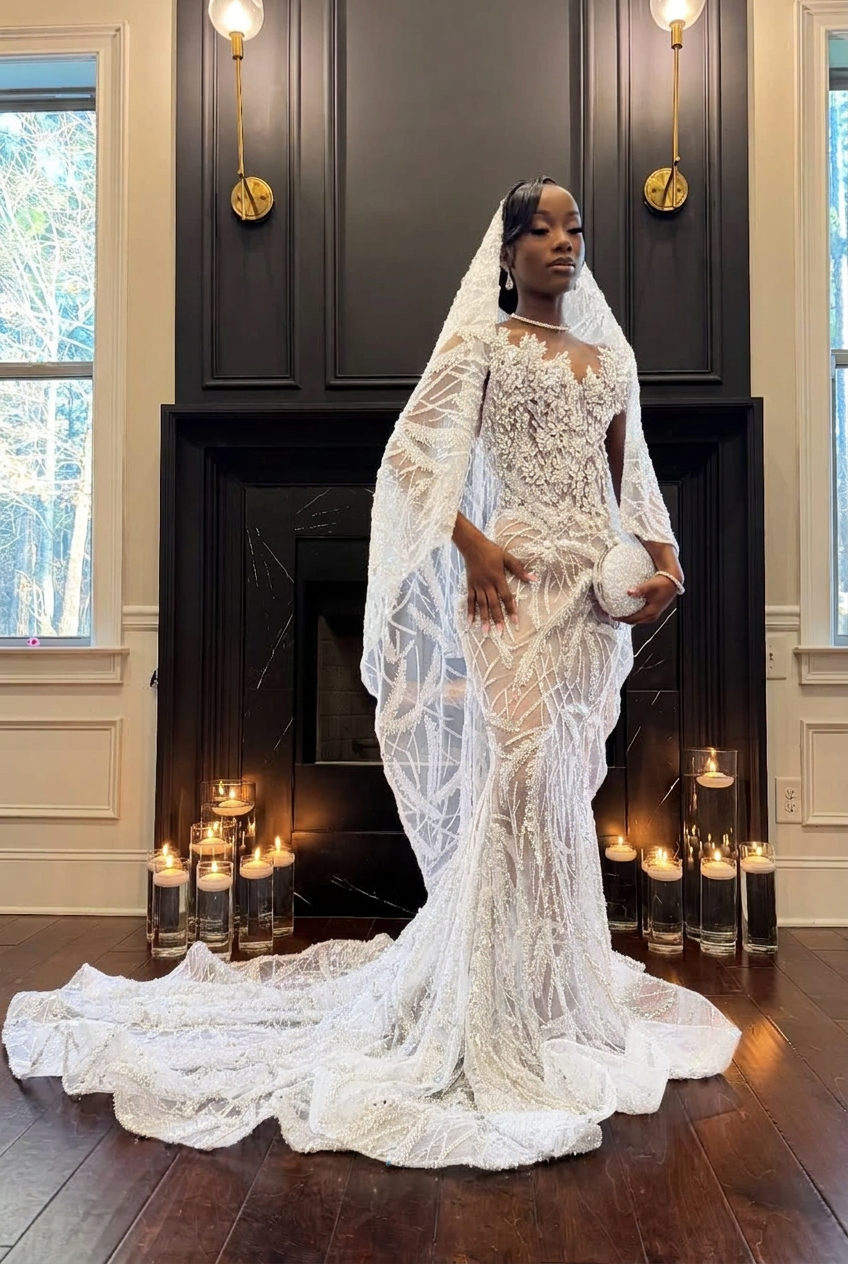 White strapless beaded mermaid prom dress
