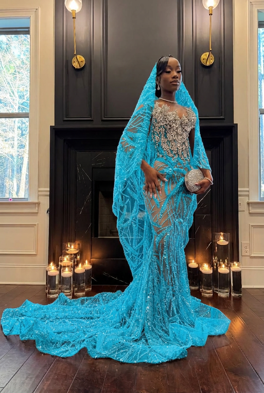 Turquoise strapless beaded mermaid prom dress