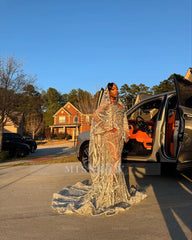 Champagne strapless beaded mermaid prom dress