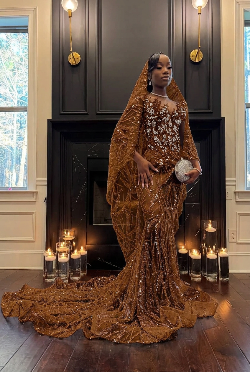 Chocolate strapless beaded mermaid prom dress