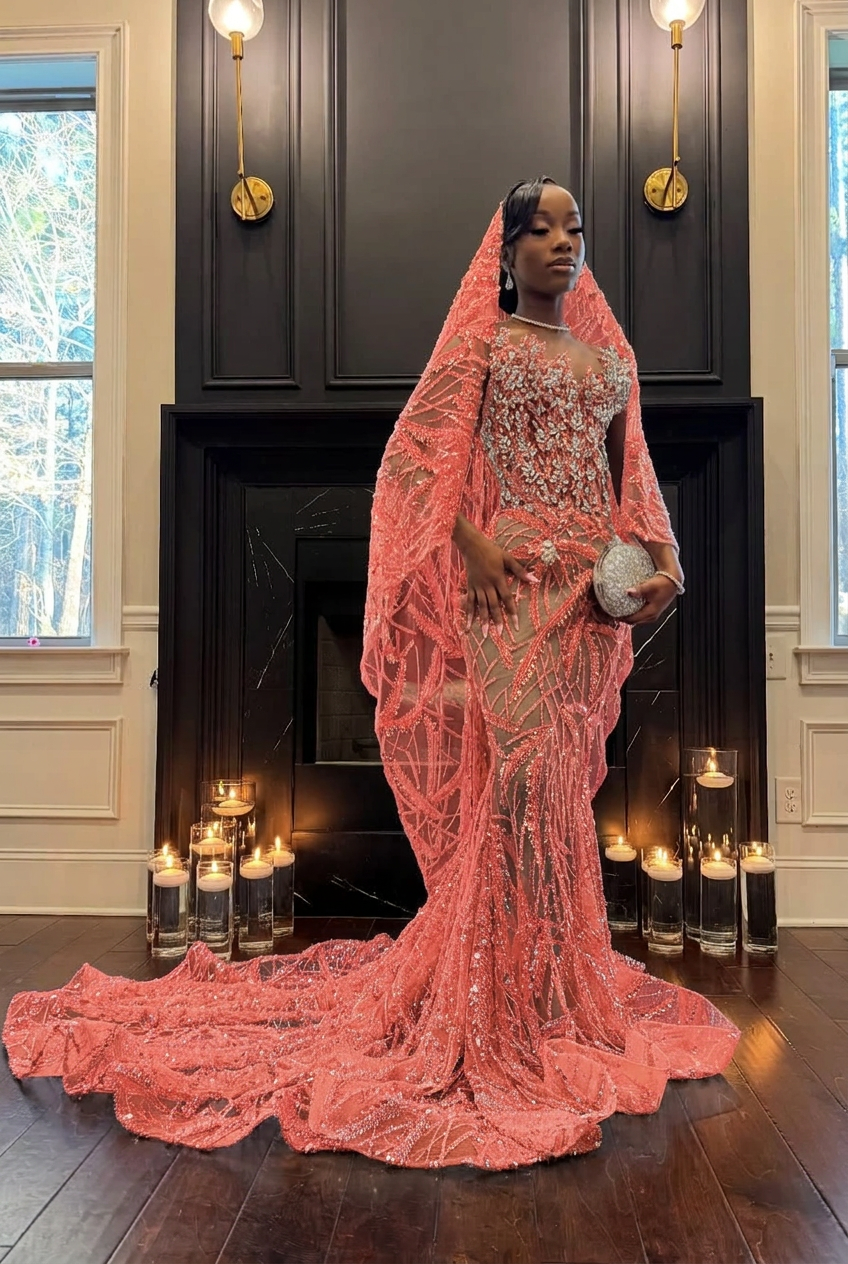 Coral strapless beaded mermaid prom dress