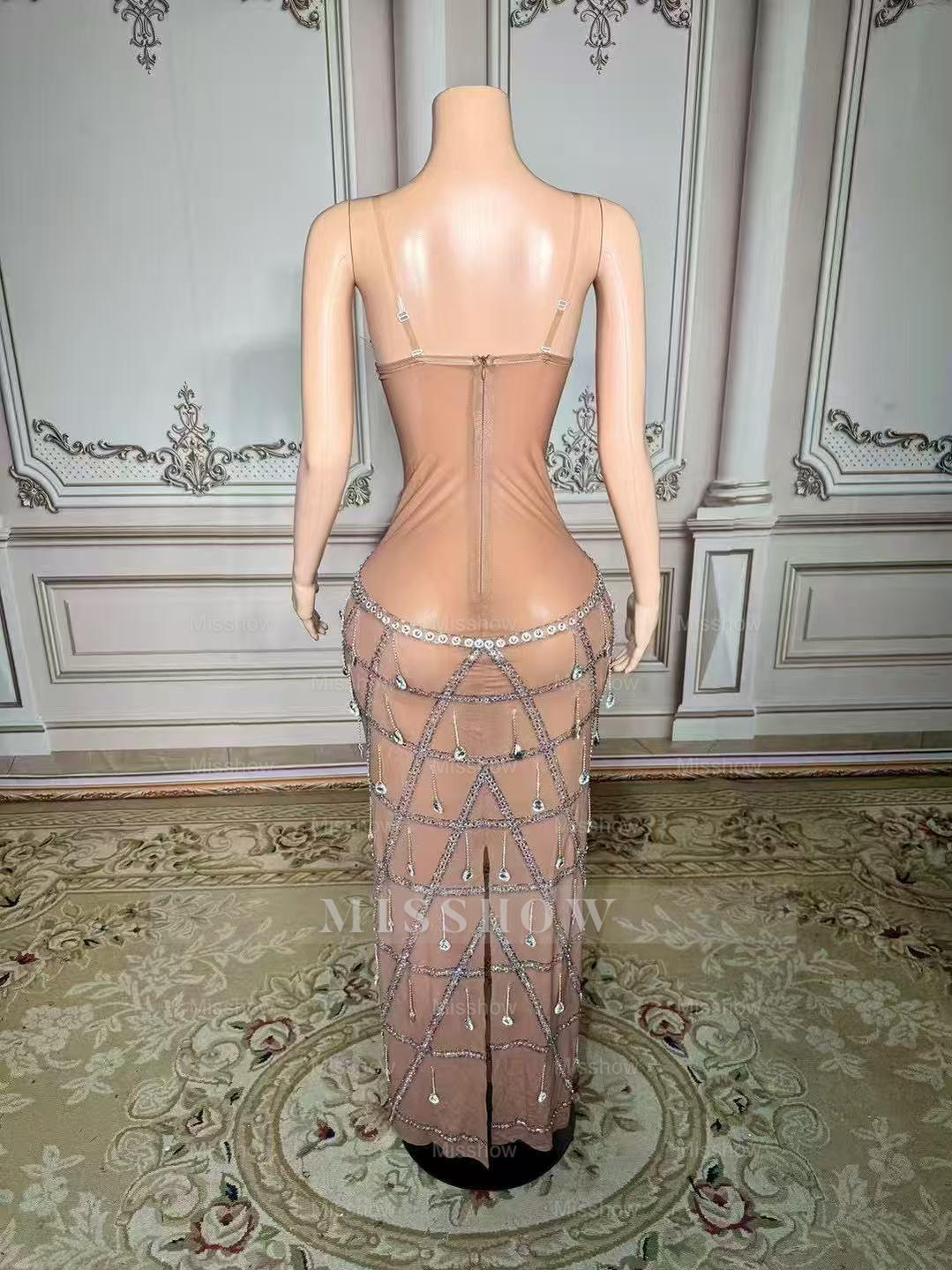 Fabulous Sweetheart Spaghetti Strap Column Beaded Sleeveless Slit Long Tulle Prom Dresses With Rhinestones