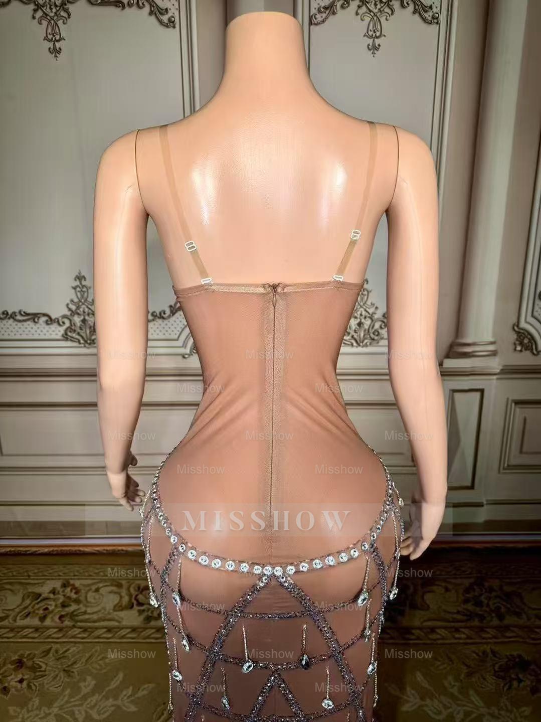 Fabulous Sweetheart Spaghetti Strap Column Beaded Sleeveless Slit Long Tulle Prom Dresses With Rhinestones