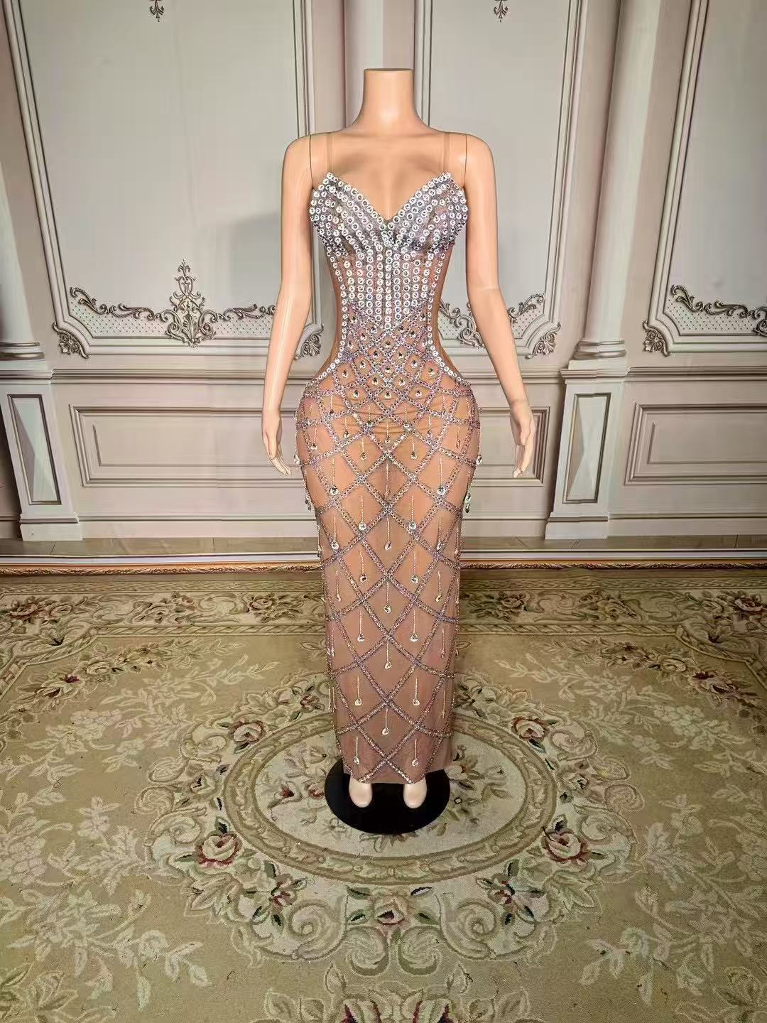 Fabulous Sweetheart Spaghetti Strap Column Beaded Sleeveless Slit Long Tulle Evening Dresses With Rhinestones