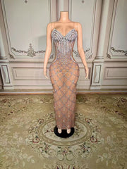 Fabulous Sweetheart Spaghetti Strap Column Beaded Sleeveless Slit Long Tulle Evening Dresses With Rhinestones