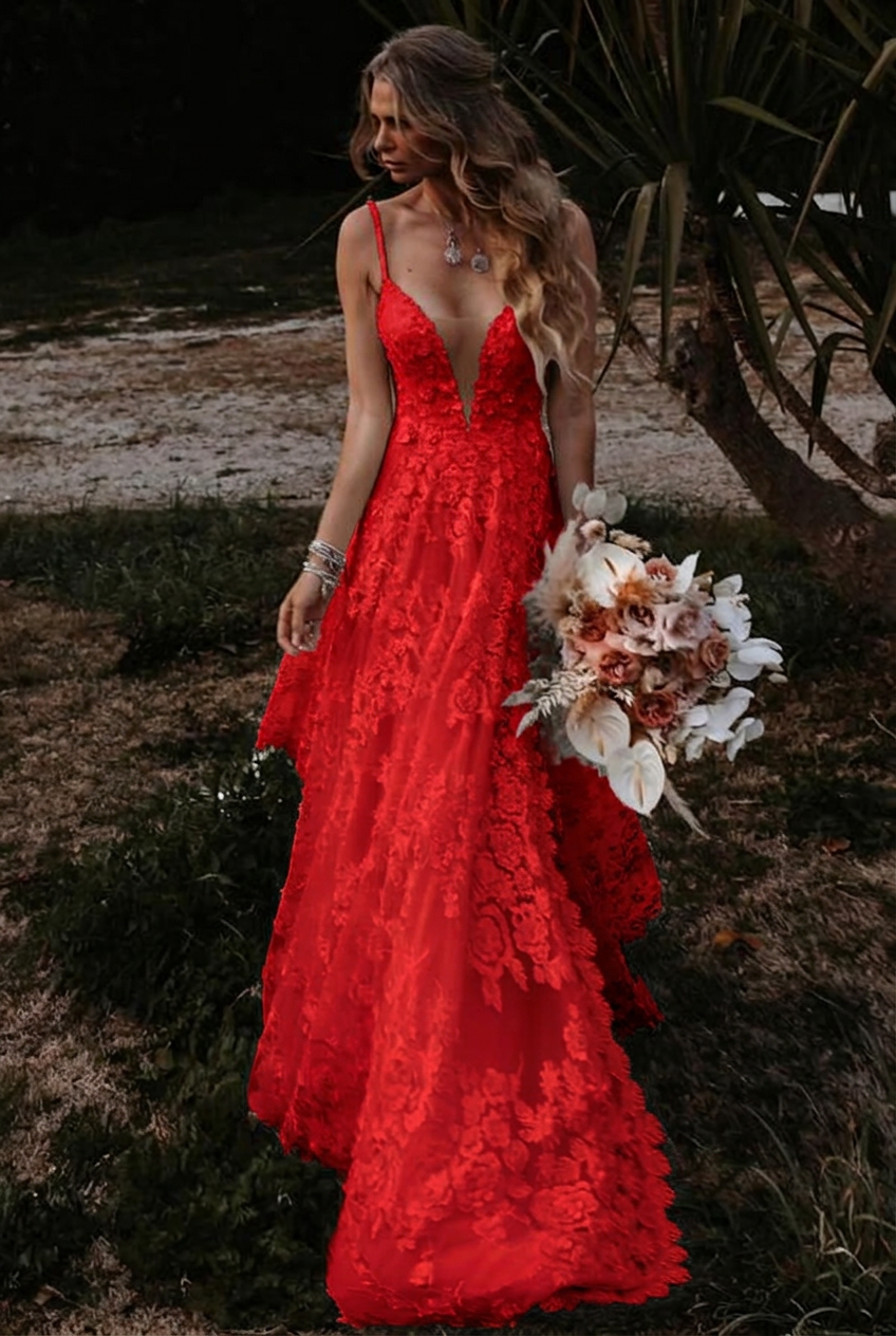 Red v-neck front-split a-line wedding dress