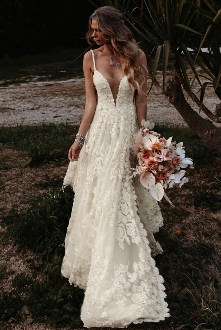 Ivory v-neck front-split a-line wedding dress
