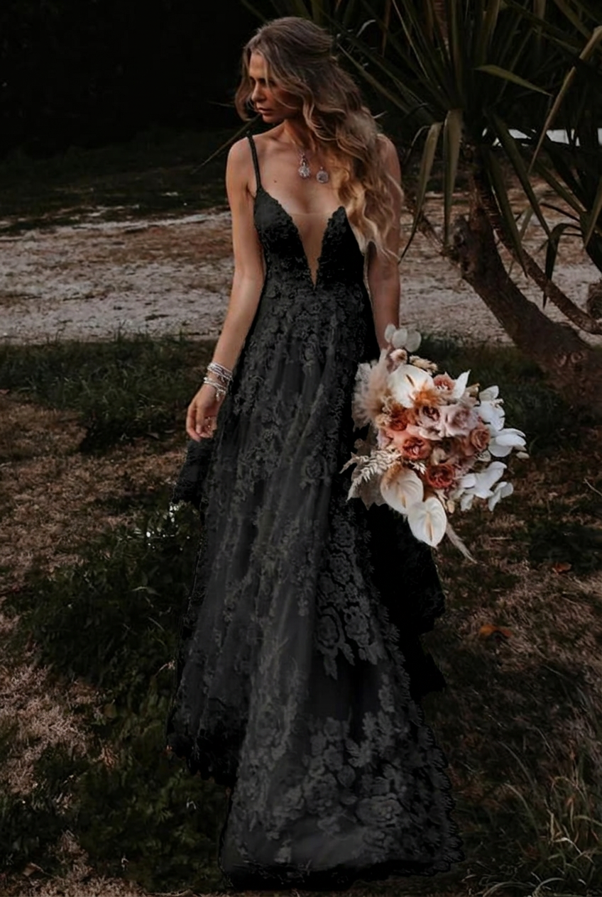 Black v-neck front-split a-line wedding dress