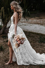 Fabulous White A-Line Spaghetti Strap V-neck Sleeveless Lace Sweep Train Tulle Wedding Dresses With High Slit