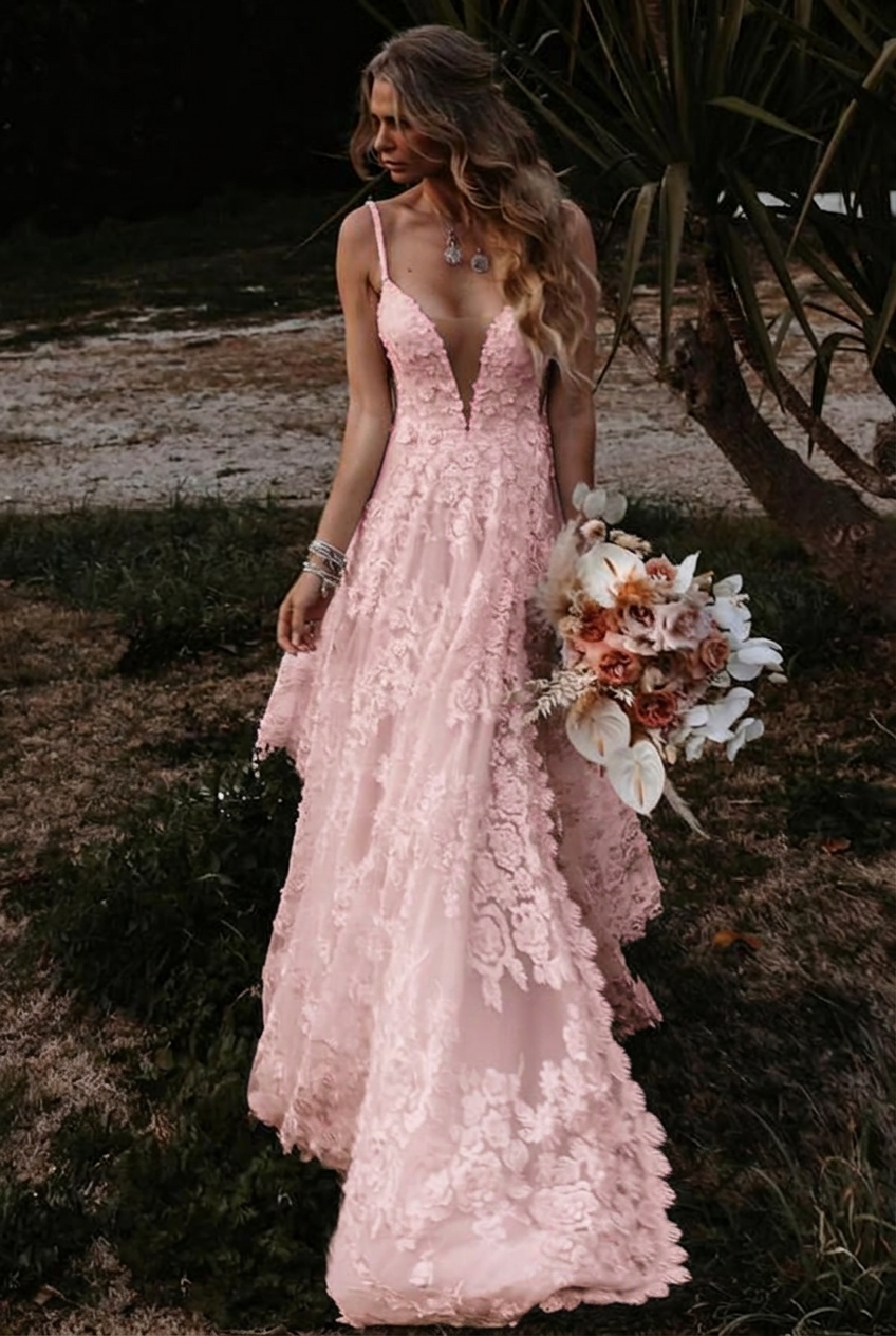 Blushing pink v-neck front-split a-line wedding dress