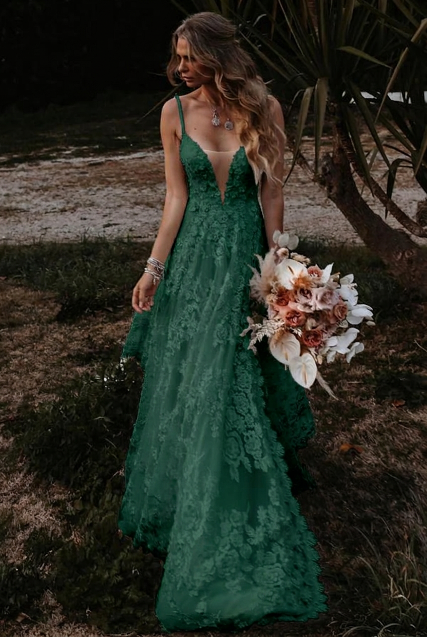Dark green v-neck front-split a-line wedding dress