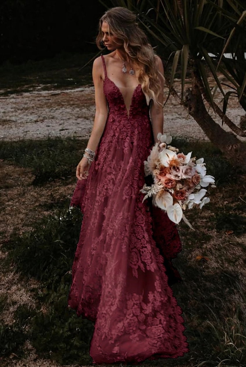Burgundy v-neck front-split a-line wedding dress