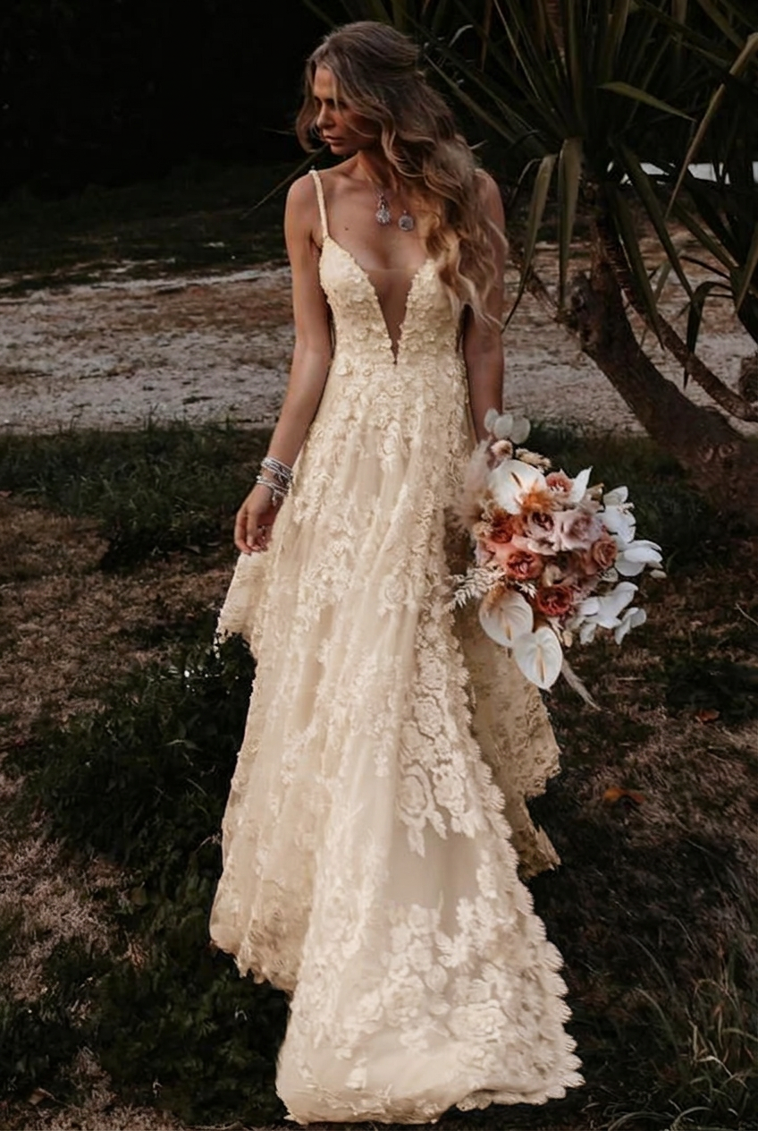 Champagne v-neck front-split a-line wedding dress