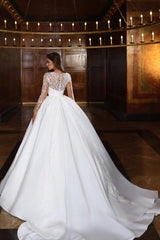 Fabulous Crew Lace Ball Gown Long Sleeves Beaded Panel Train Wedding Dresses With Appliques