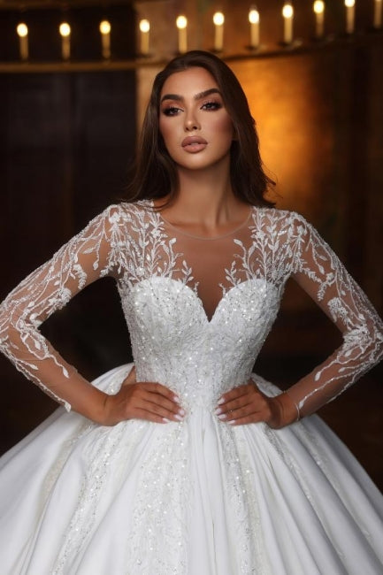 Fabulous Crew Lace Ball Gown Long Sleeves Beaded Panel Train Wedding Dresses With Appliques