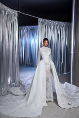 Fabulous White Lace Mermaid High-Neck Long Sleeves Sweep Train Tulle Wedding Dresses