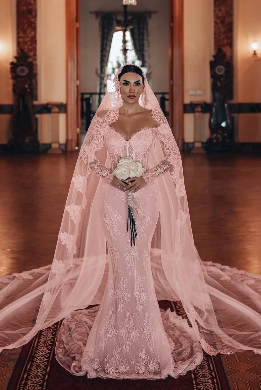 Blushing pink sweetheart applique mermaid wedding dress
