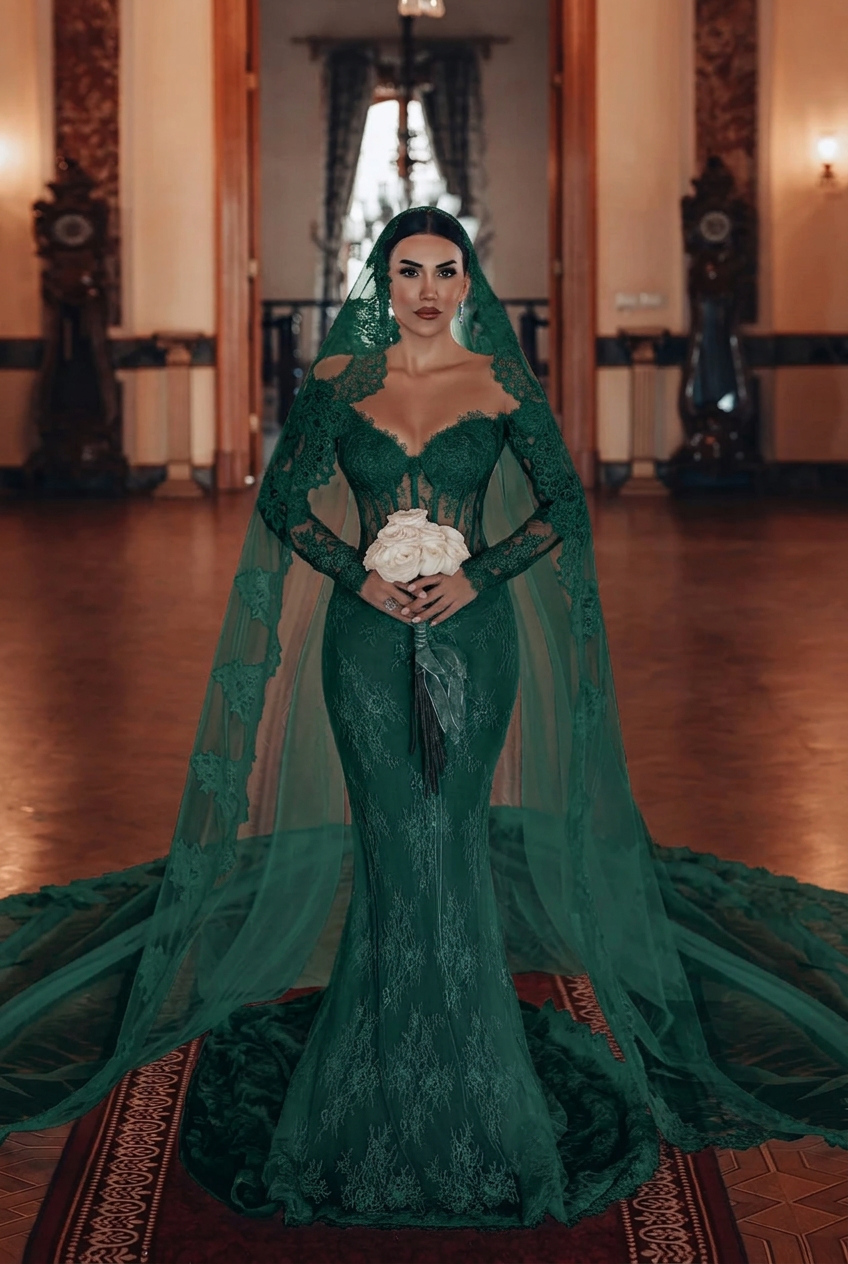 Dark green sweetheart applique mermaid wedding dress