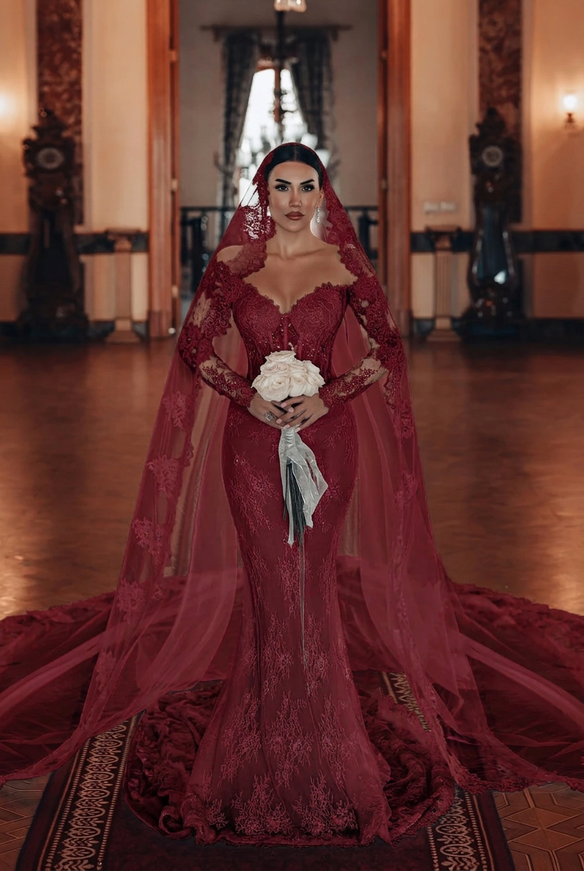 Burgundy sweetheart applique mermaid wedding dress