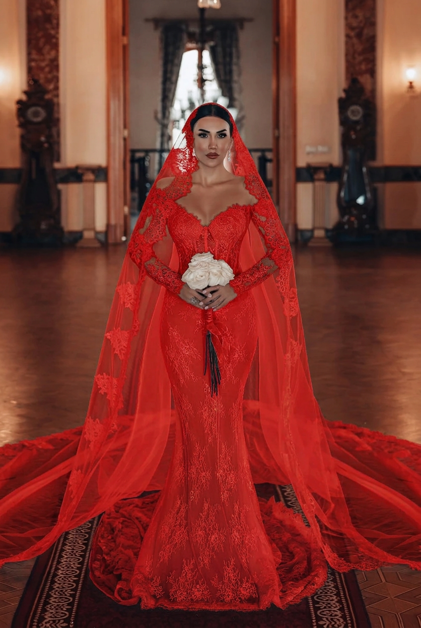 Red sweetheart applique mermaid wedding dress