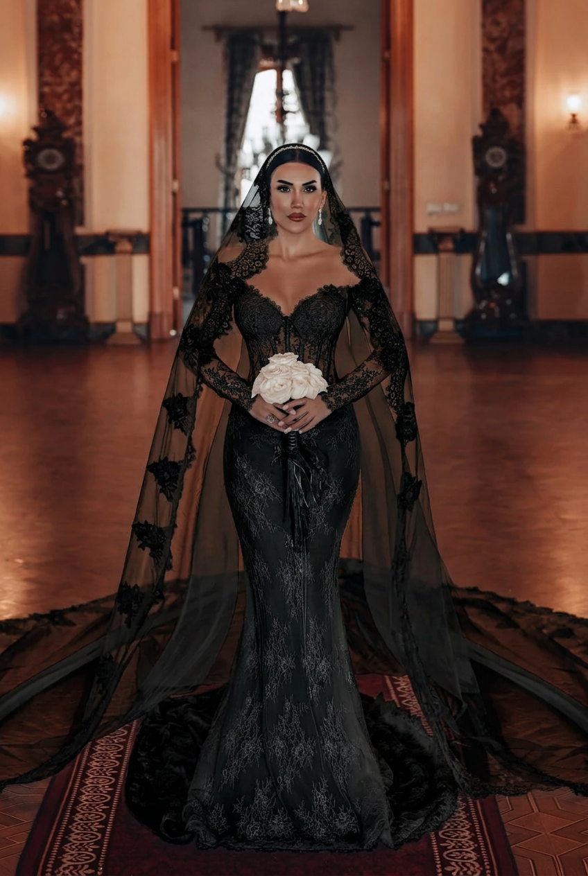 Black sweetheart applique mermaid wedding dress
