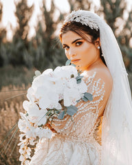 Fabulous White Mermaid Off-The-Shoulder Long Sleeves Beaded Detachable Train Tulle Wedding Dress With Peals