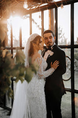 Fabulous White Mermaid Off-The-Shoulder Long Sleeves Beaded Detachable Train Tulle Wedding Dress With Peals