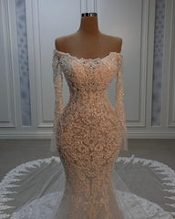Fabulous White Mermaid Strapless Beaded Off-The-Shoulder Long Sleeve Chapel Train Lace Wedding Dresses