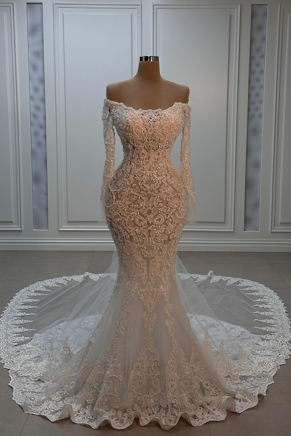 Fabulous White Mermaid Strapless Beaded Off-The-Shoulder Long Sleeve Chapel Train Lace Wedding Dresses